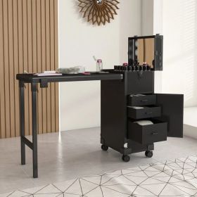 Portable Nail Art Table W& LED Mirror, Bluetooth, Lockable Drawers, Telescopic Pole - Folding Manicure Station For Salons - Black (Option: Defaulttitle)