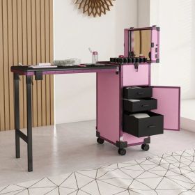 Portable Nail Art Table W & LED Mirror, Bluetooth, Lockable Drawers, Telescopic Pole - Folding Manicure Station For Salons - Pink (Option: Defaulttitle)